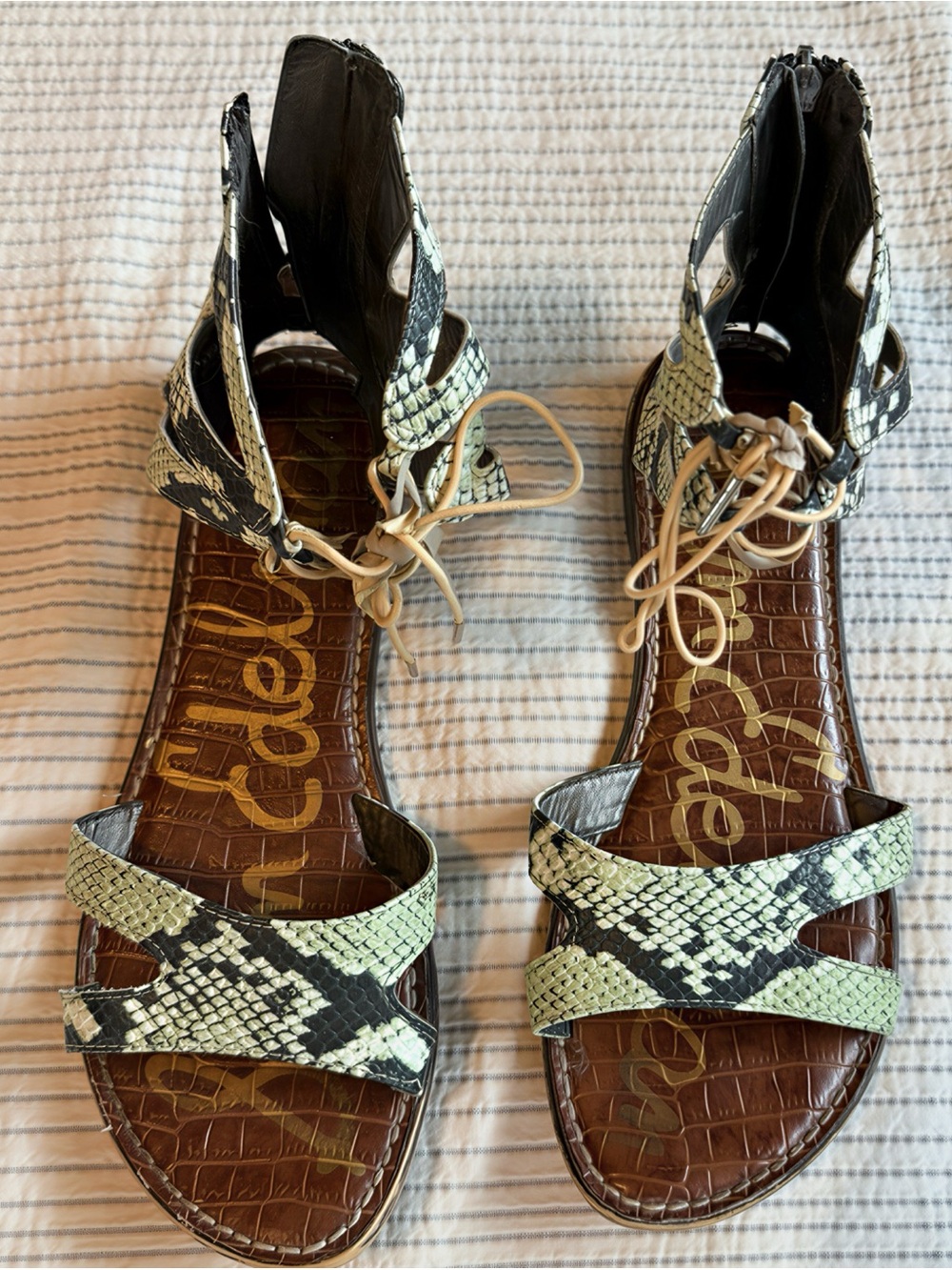 Sam Edelman Black & Green Snakeskin Lace-Up Sandals